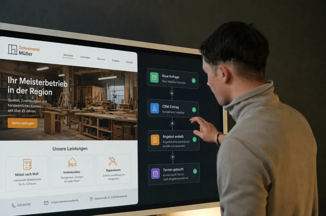 Lars zeigt am Bildschirm eine Website und einen automatisierten Ablauf