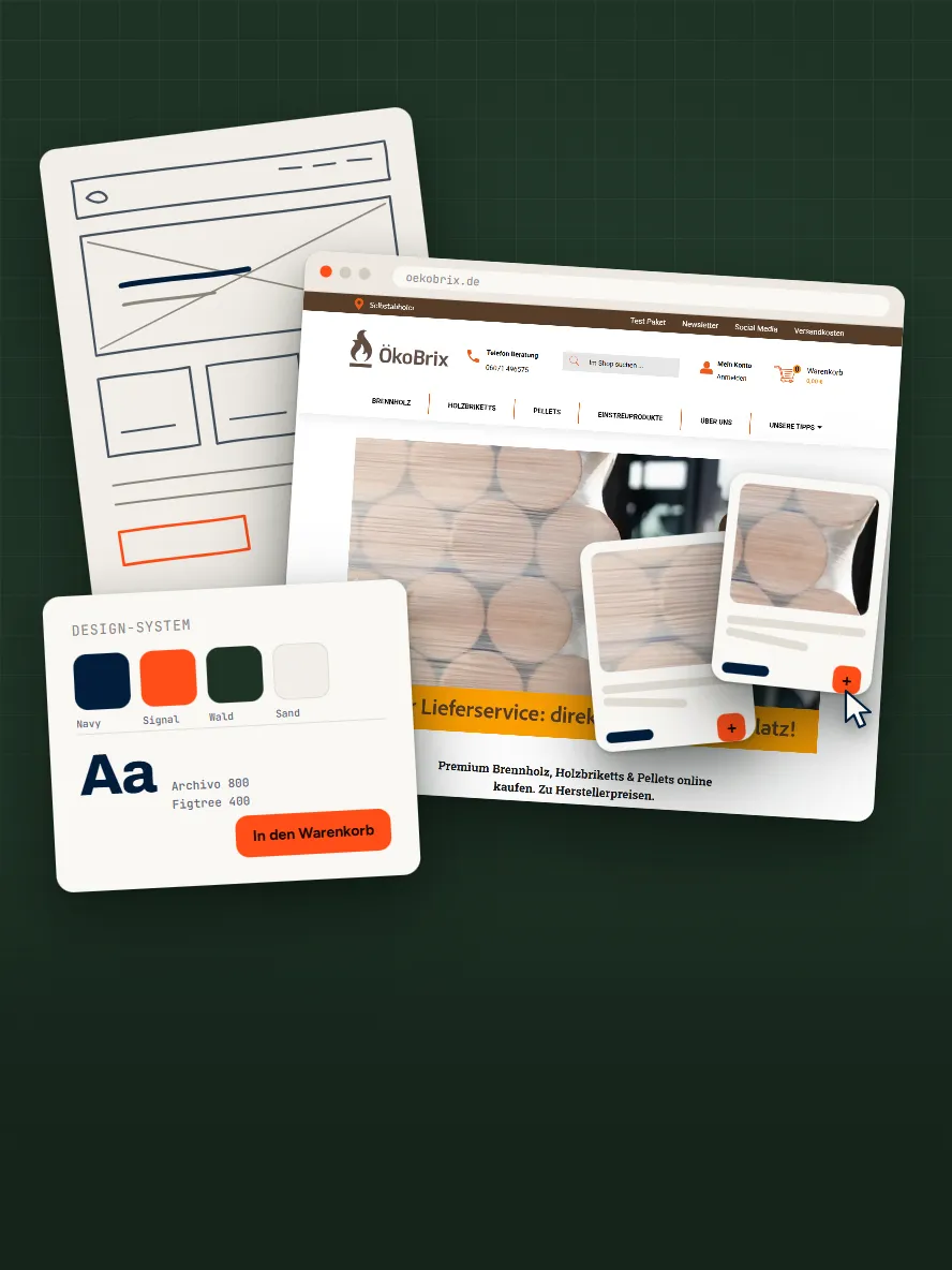 Collage vom Scribble über das Design-System zum fertigen Onlineshop