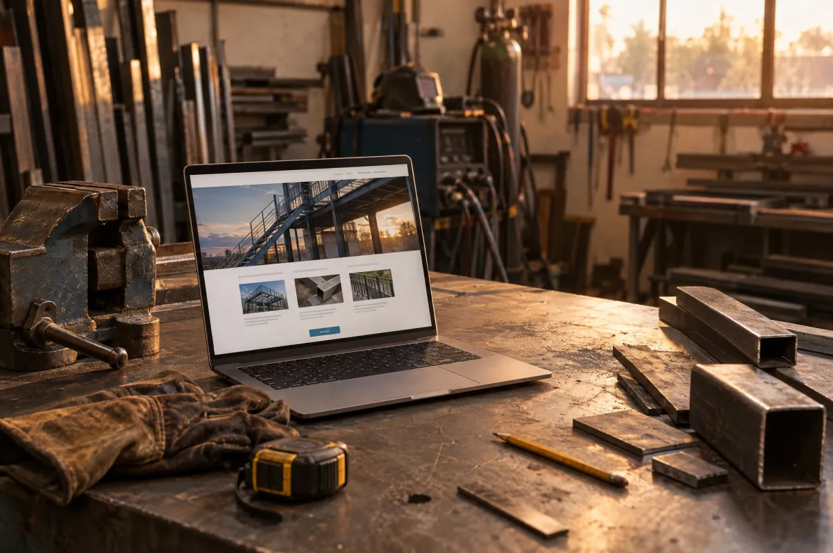Werkbank in einer Schlosserei mit aufgeklapptem Laptop, auf dem eine Firmenwebsite zu sehen ist