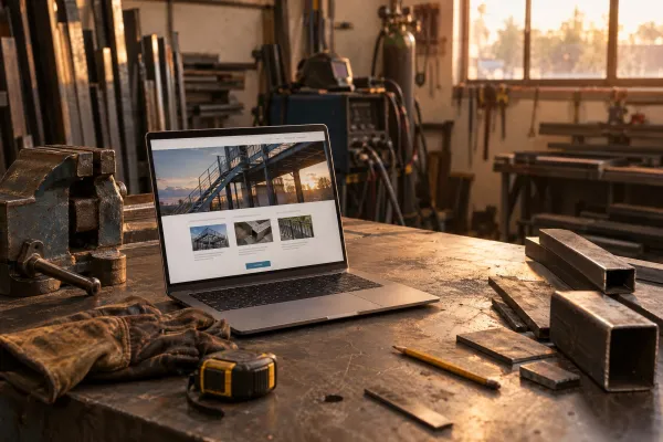 Werkbank in einer Schlosserei mit aufgeklapptem Laptop, auf dem eine Firmenwebsite zu sehen ist